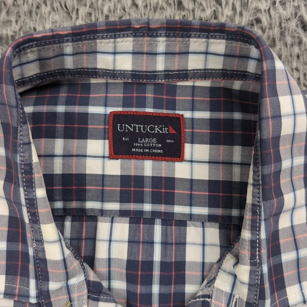 Untuckit Shirt Men Large Blue Button Up Short Sleeve Casual Preppy Plaid Career - Picture 2 of 6